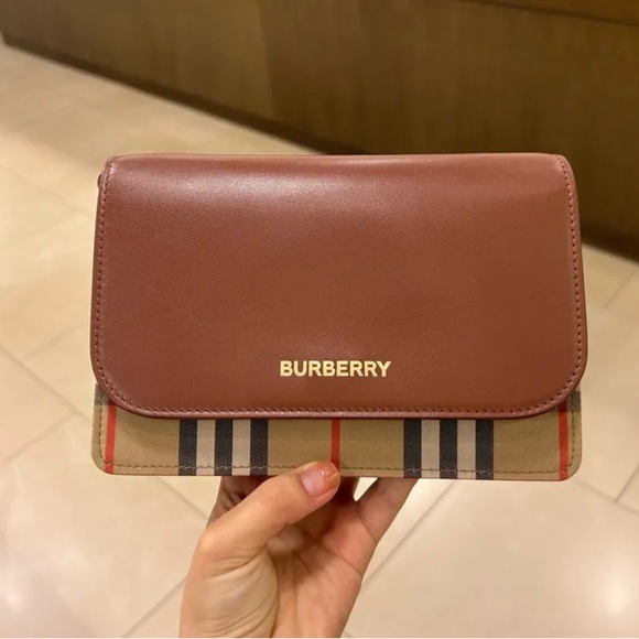 Burberry Handbags - Burberry Brown Leather & Vintage Check Small Crossbody Bag